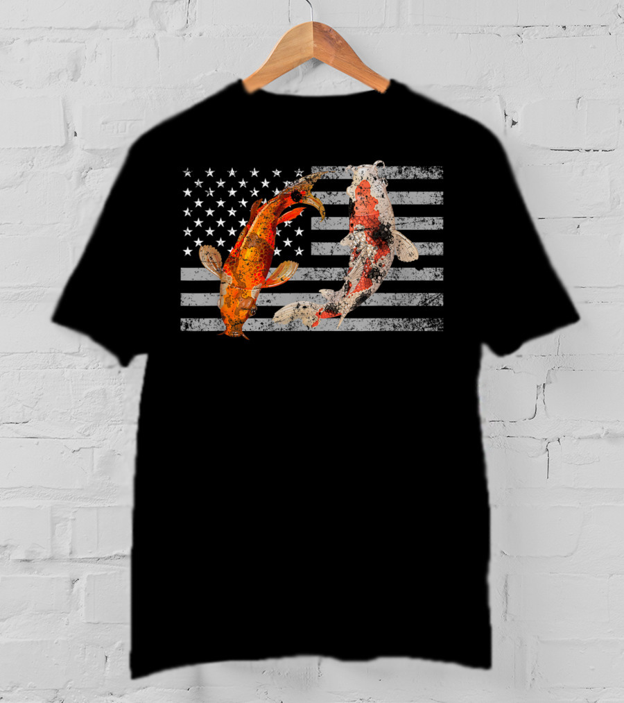 USA Flag With Japanese Koi Fish And Koi Carp T-Shirt