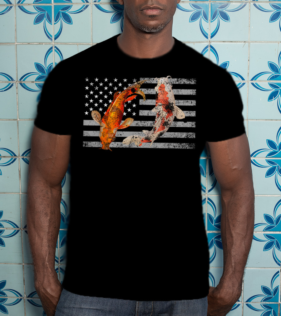USA Flag With Japanese Koi Fish And Koi Carp T-Shirt