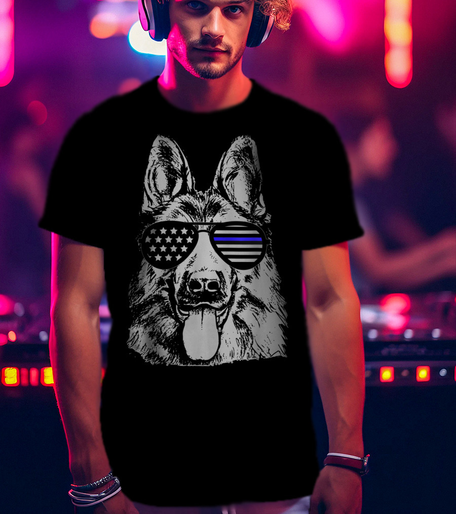 K9 Police Officer Thin Blue Line Police Dog Sunglasses Patriotic T-Shirt