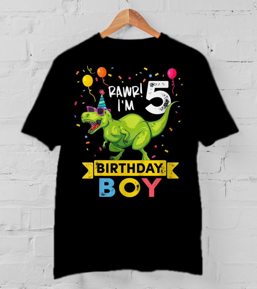 RAWR I'm 5 Birthday Boy Dinosaur Party Hat Balloons And Confetti T-Shirt