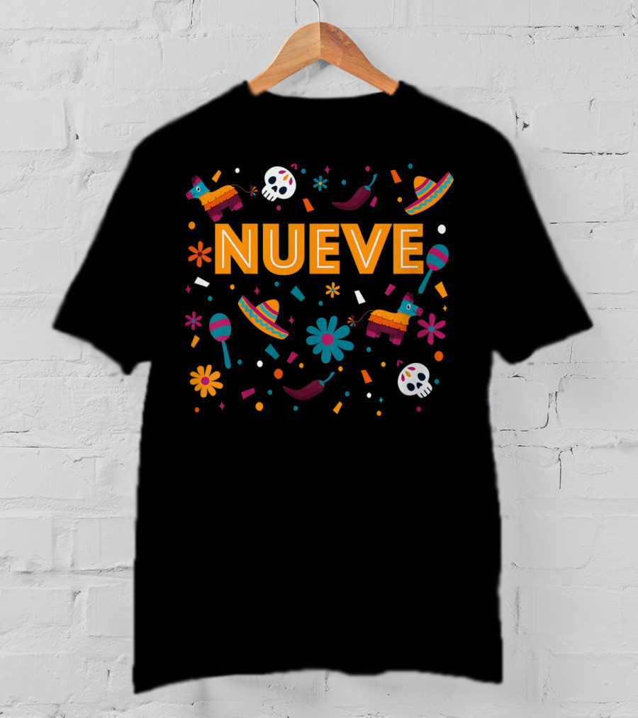 Kids 9 Year Old Mexican Fiesta Birthday Nueve Pinata Sombrero Maracas Skulls Flowers T-Shirt