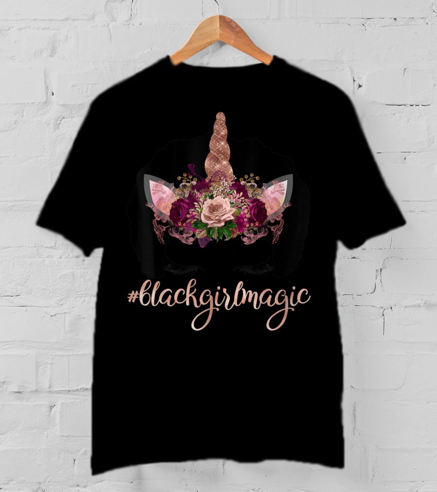 BlackGirlMagic Afro Unicorn Face With Floral Rose T-Shirt