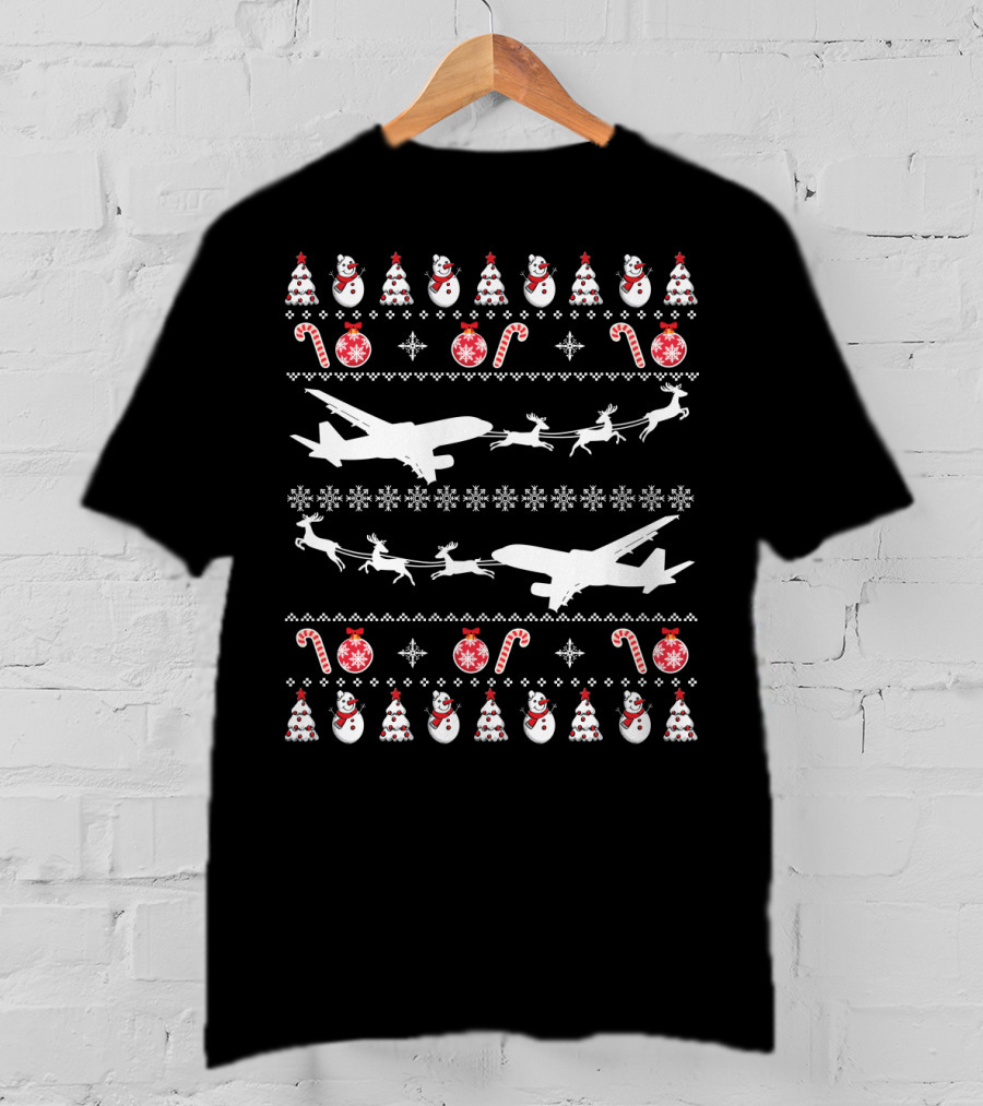 Airplanes Ugly Christmas Sweater Reindeer Snowman Candy Cane Holiday T-Shirt