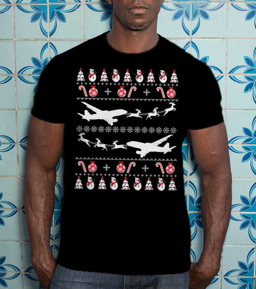 Airplanes Ugly Christmas Sweater Reindeer Snowman Candy Cane Holiday T-Shirt