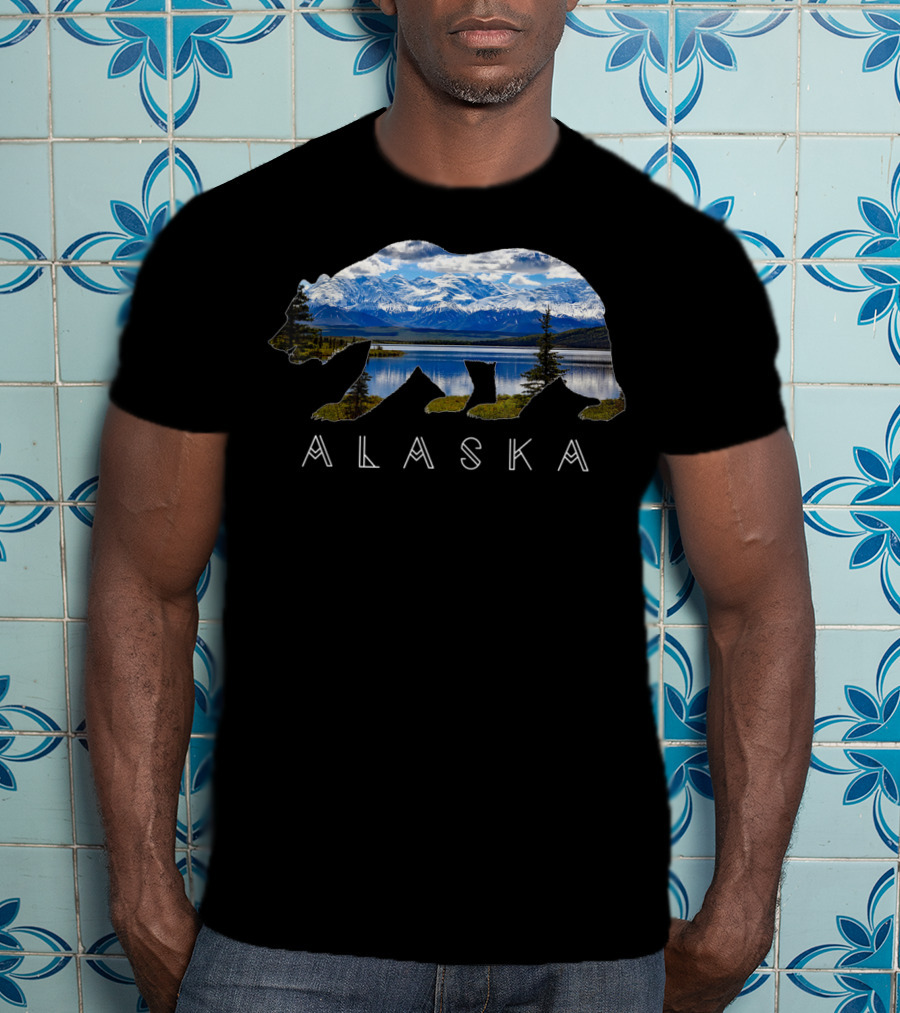 Alaska Bear Silhouette With Mountain Lake Scene T-Shirt