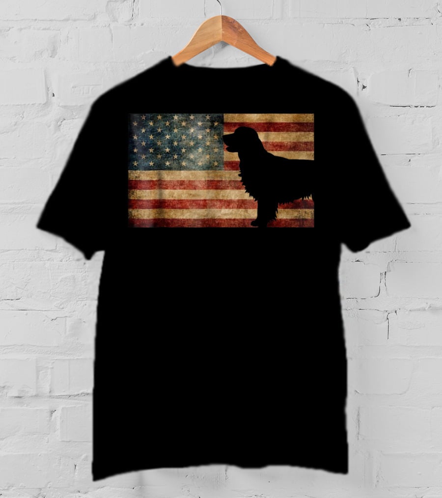 Golden Retriever Silhouette With Vintage American Flag T-Shirt
