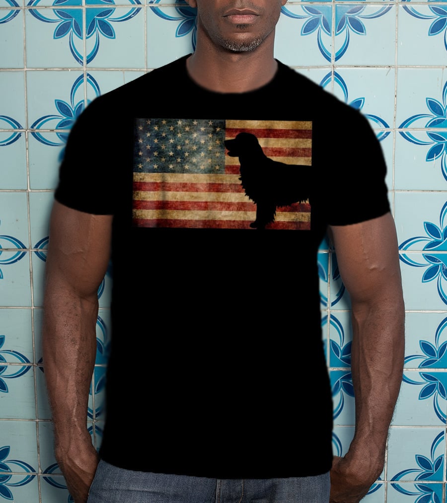 Golden Retriever Silhouette With Vintage American Flag T-Shirt