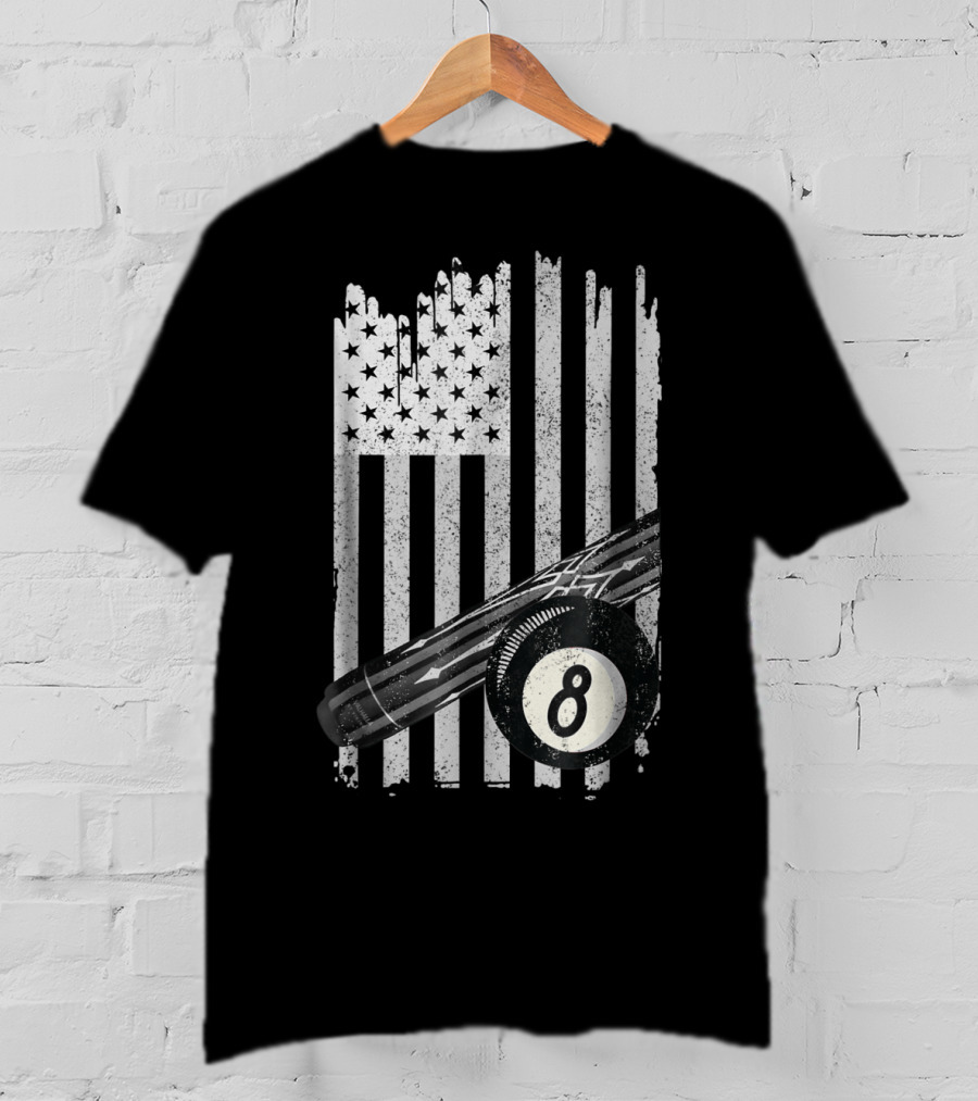 American Flag Billiard Cue And 8 Ball Pool Table T-Shirt
