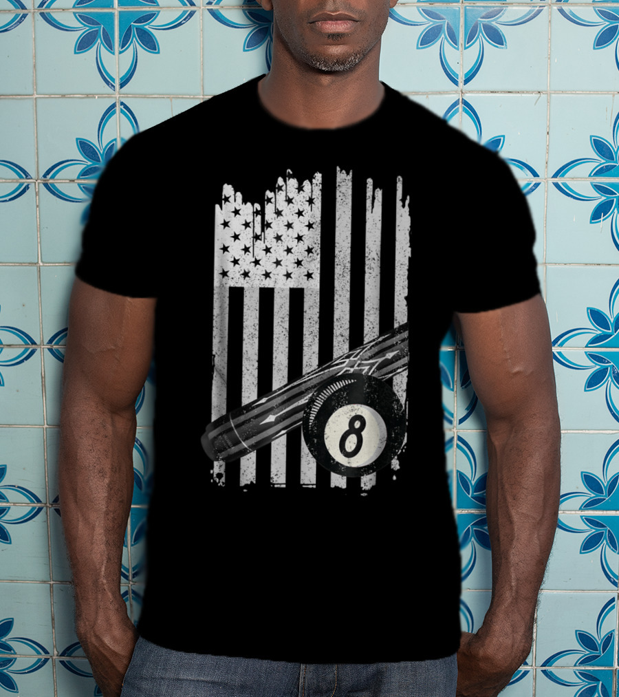 American Flag Billiard Cue And 8 Ball Pool Table T-Shirt