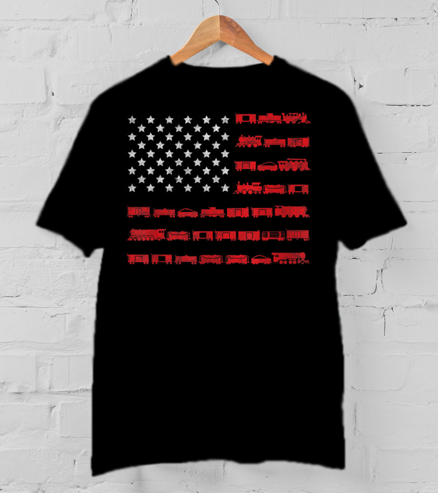 American Flag Made Of Red Railroad Trains And White Stars T-Shirt