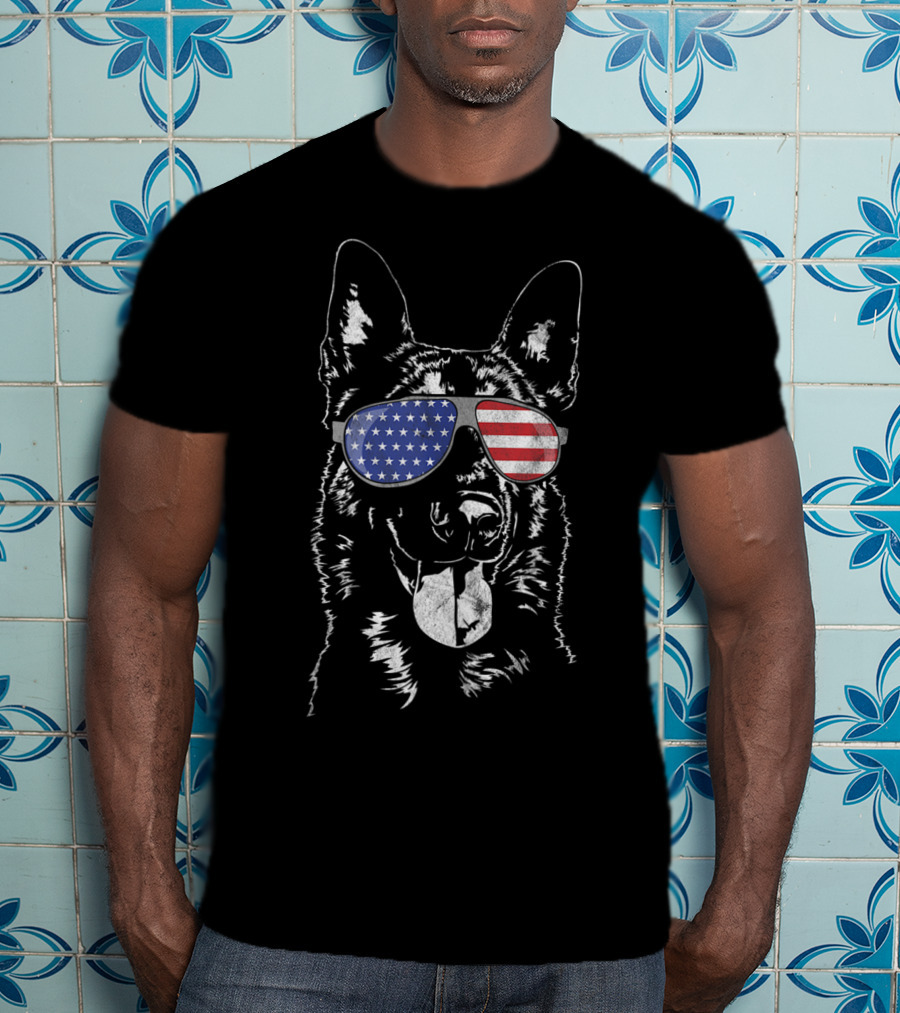 Funny Proud Belgian Malinois Dog In American Flag Sunglasses T-Shirt