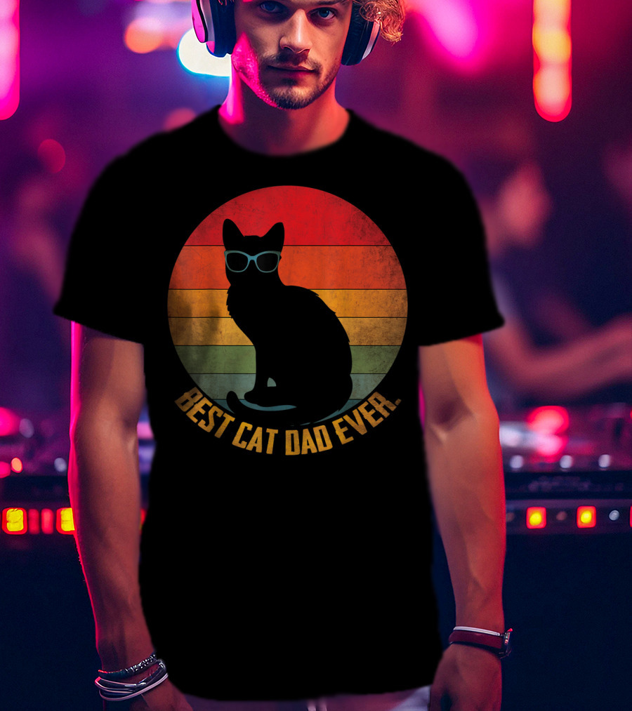Vintage Sunset Best Cat Dad Ever Silhouette With Sunglasses T-Shirt