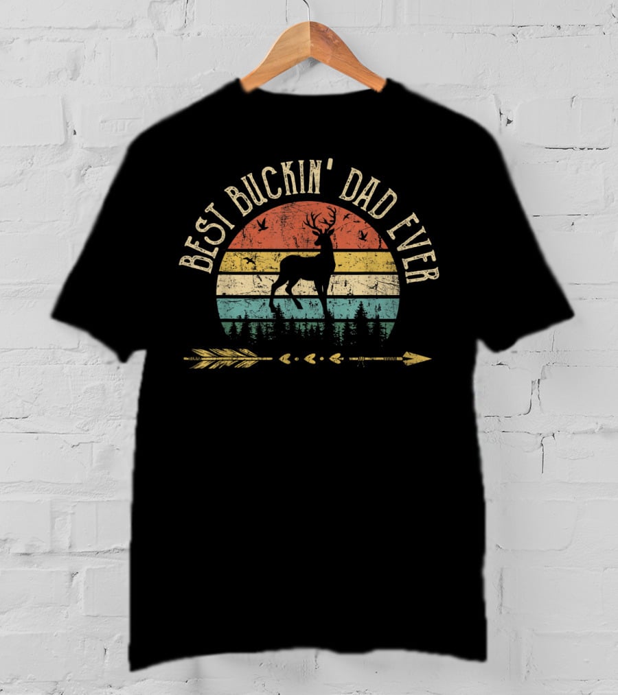 Best Buckin' Dad Ever Papa Deer Hunting Retro Sunset T-Shirt