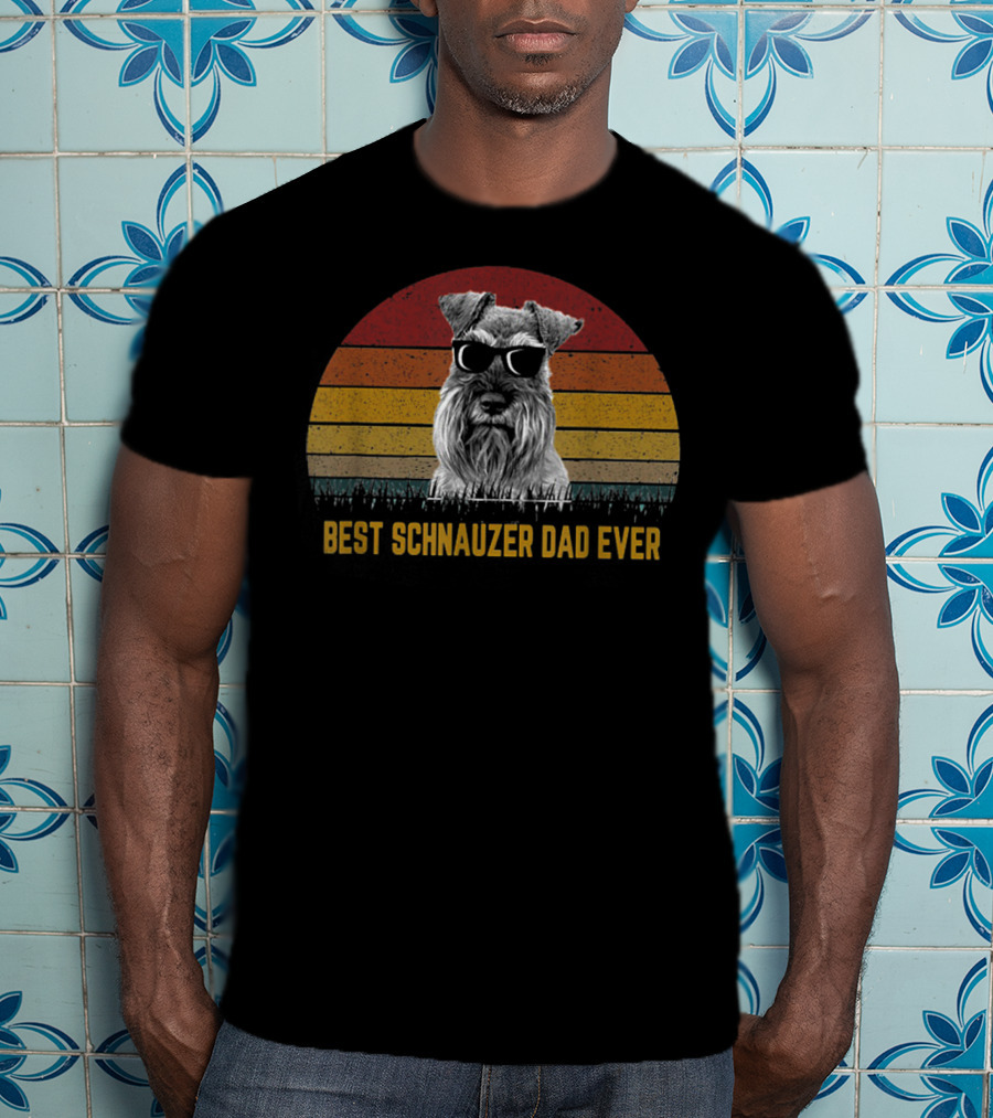 Best Schnauzer Dad Ever Funny Pet Dog Retro Sunset Sunglasses T-Shirt