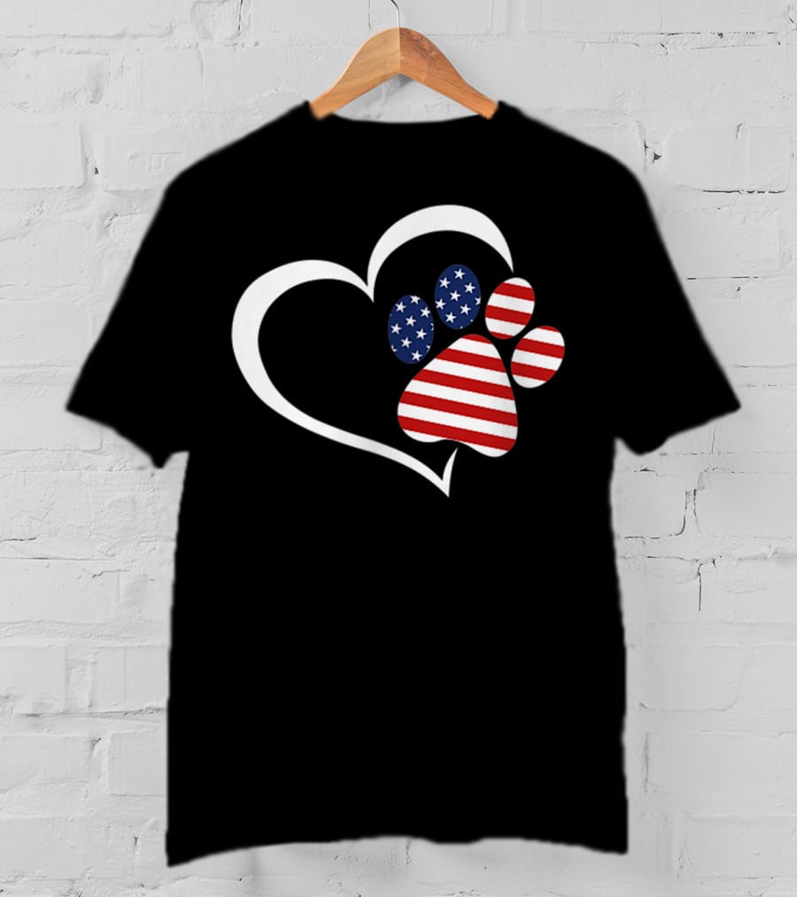 Dog Paw Heart Love Red White Blue American Flag Patriotic T-Shirt
