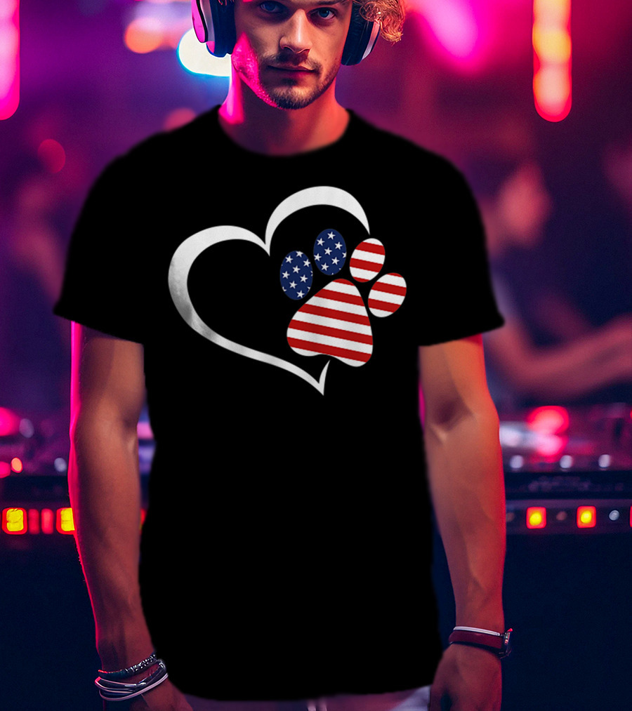 Dog Paw Heart Love Red White Blue American Flag Patriotic T-Shirt