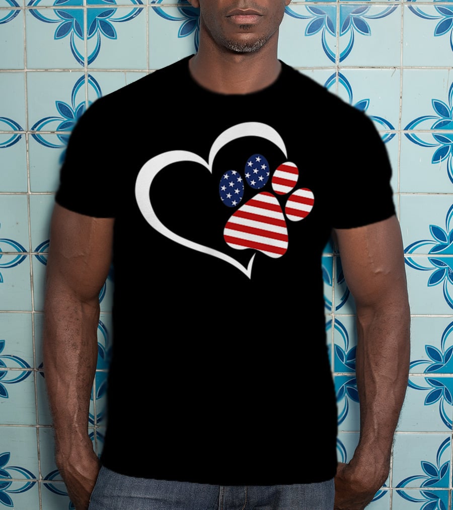 Dog Paw Heart Love Red White Blue American Flag Patriotic T-Shirt