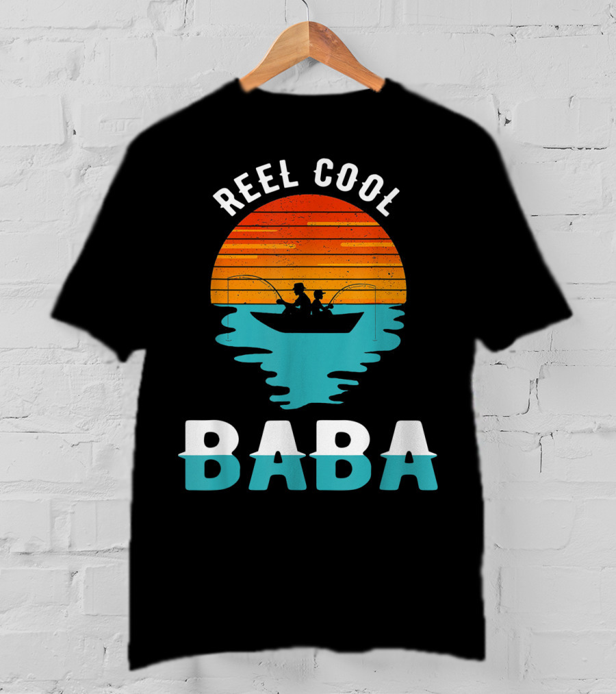 Reel Cool Baba Father's Day Fishing Silhouette Sunset T-Shirt