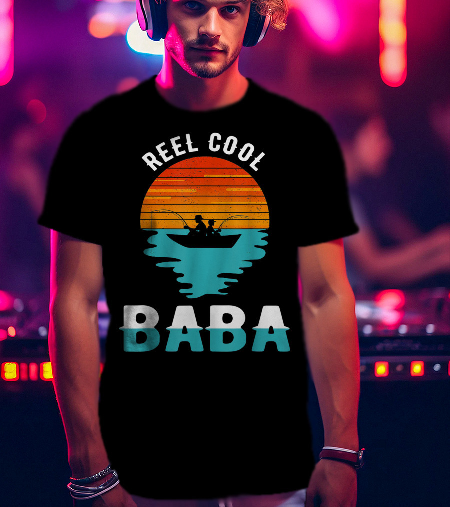 Reel Cool Baba Father's Day Fishing Silhouette Sunset T-Shirt