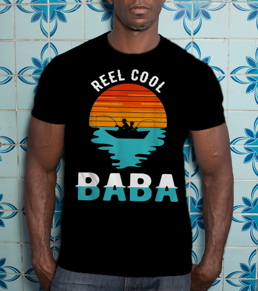 Reel Cool Baba Father's Day Fishing Silhouette Sunset T-Shirt