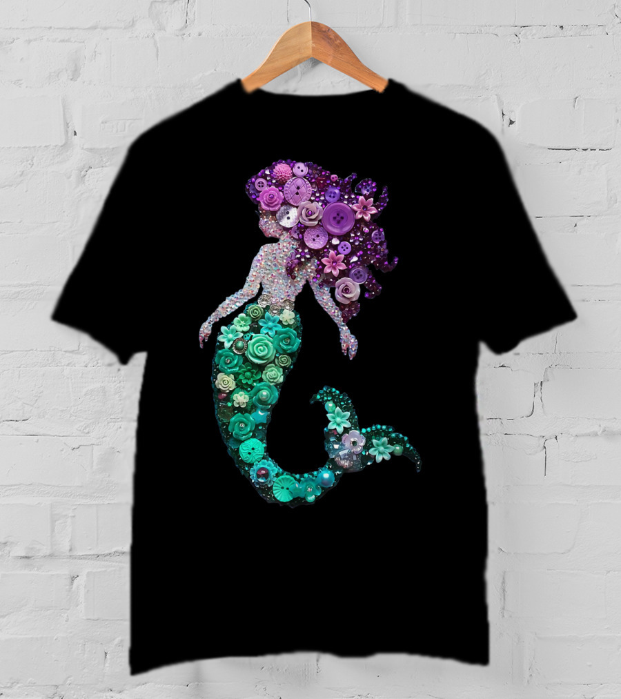 Flower Mermaid Purple Green Buttons T-Shirt