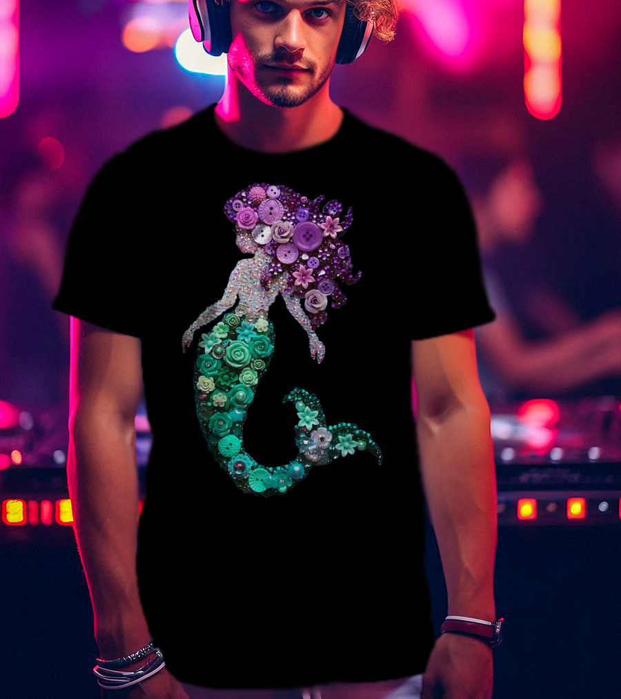 Flower Mermaid Purple Green Buttons T-Shirt