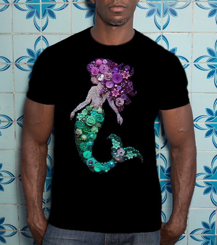 Flower Mermaid Purple Green Buttons T-Shirt