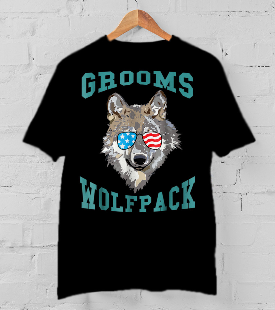 Grooms Wolfpack Bachelor Party American Flag Sunglasses T-Shirt