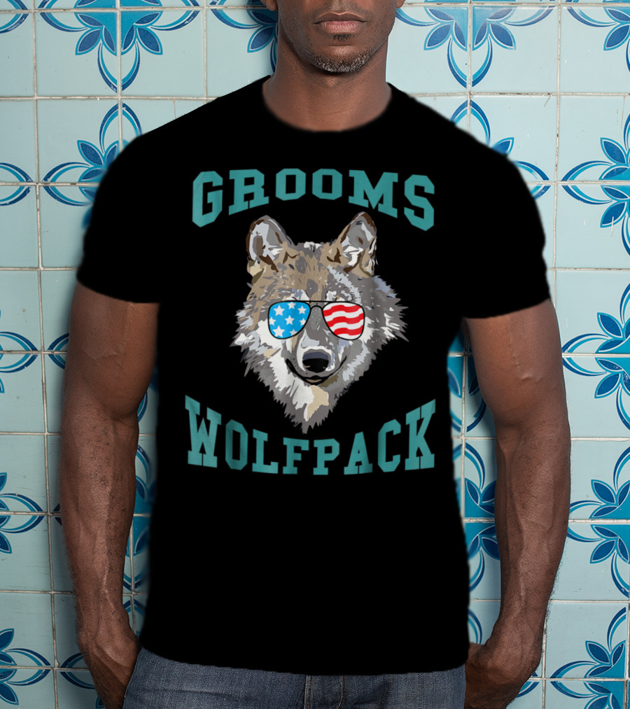Grooms Wolfpack Bachelor Party American Flag Sunglasses T-Shirt