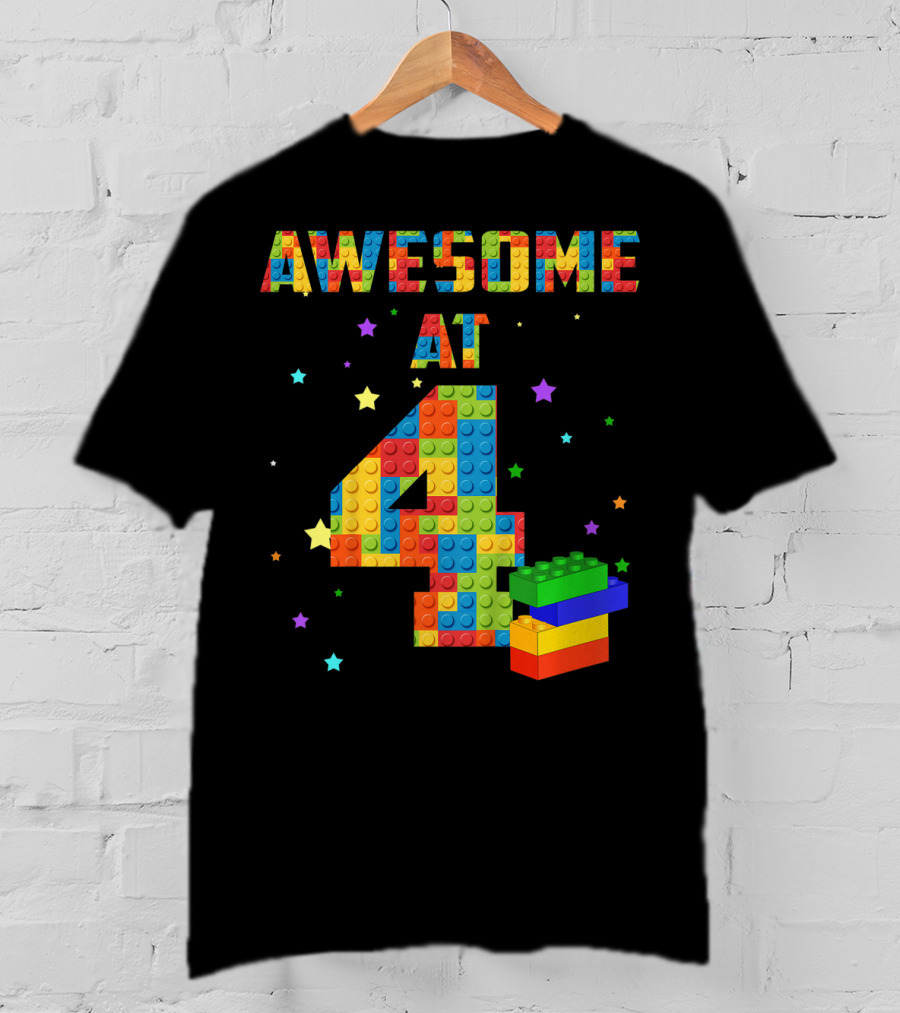 AWESOME AT 4 Building Blocks Kids Birthday T-Shirt