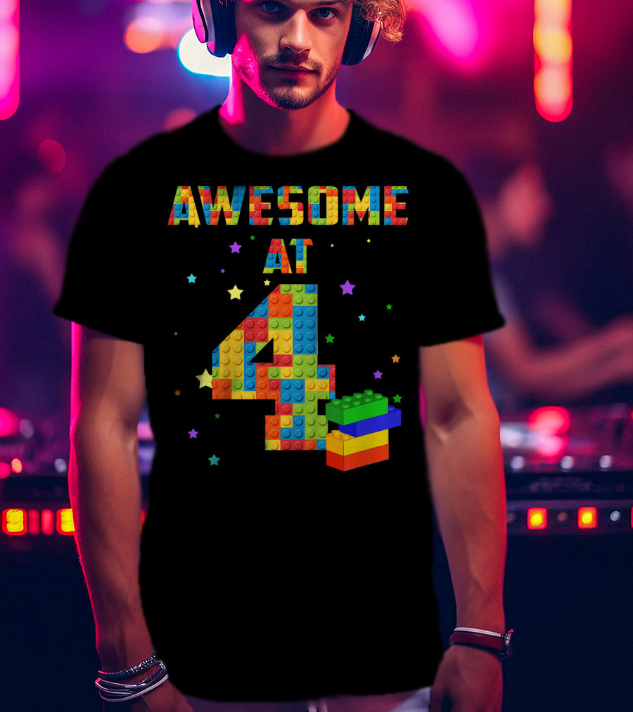 AWESOME AT 4 Building Blocks Kids Birthday T-Shirt