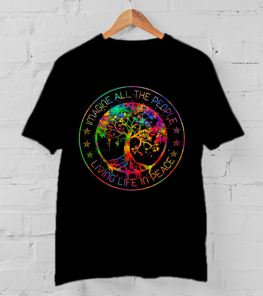 Imagine All The People Living Life In Peace Tree Symbol Multicolor Star Circle T-Shirt