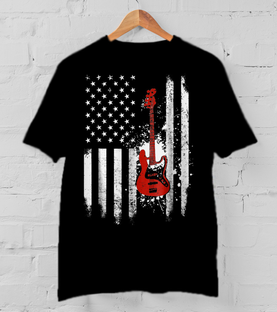 Bass Guitar Red White Stars Stripes American Flag T-Shirt