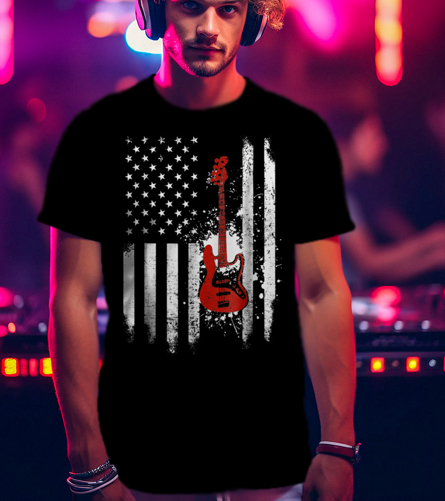 Bass Guitar Red White Stars Stripes American Flag T-Shirt