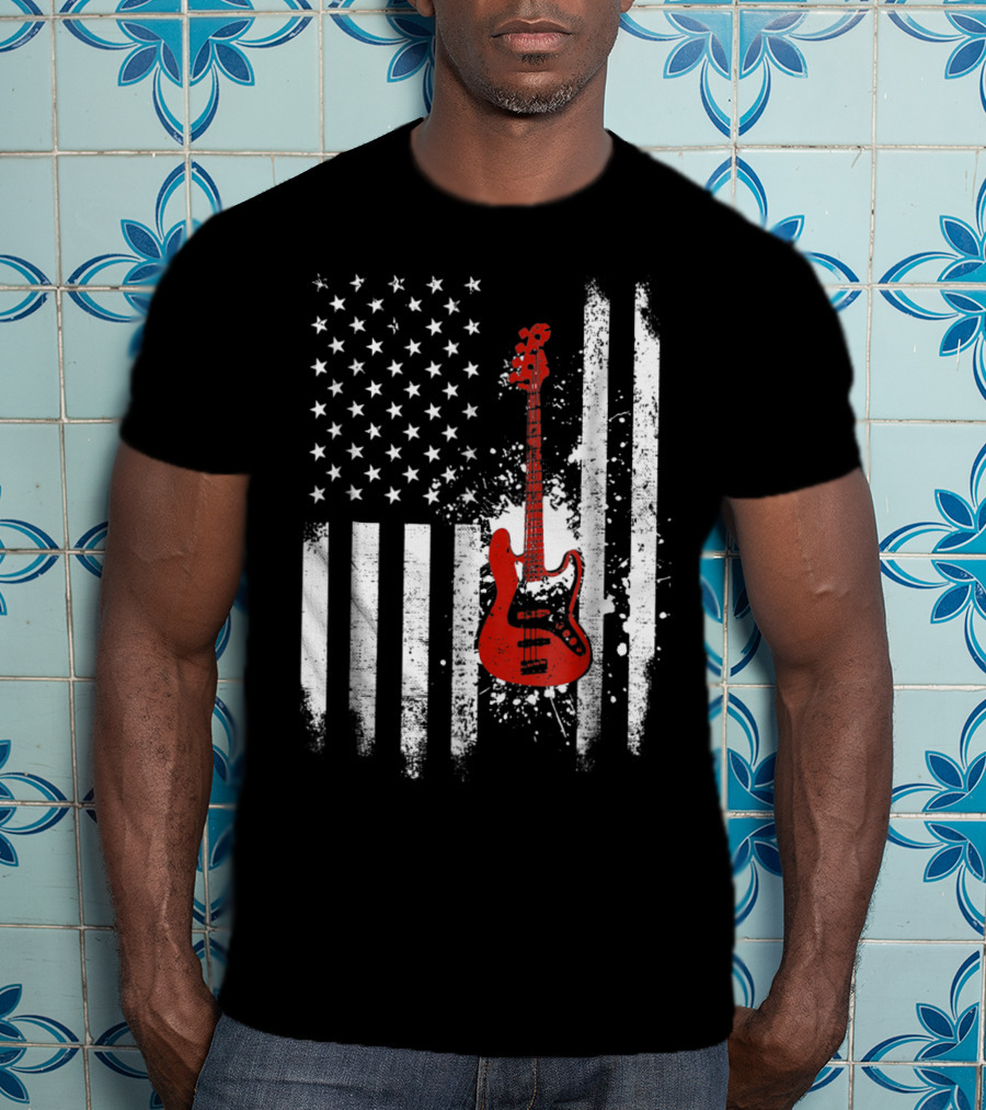 Bass Guitar Red White Stars Stripes American Flag T-Shirt