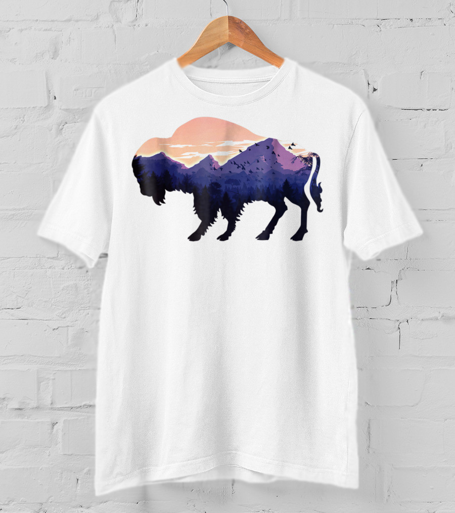 Bison Silhouette With Mountain And Forest Scene T-Shirt
