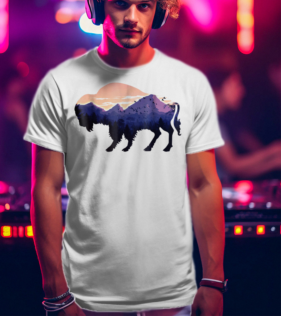 Bison Silhouette With Mountain And Forest Scene T-Shirt