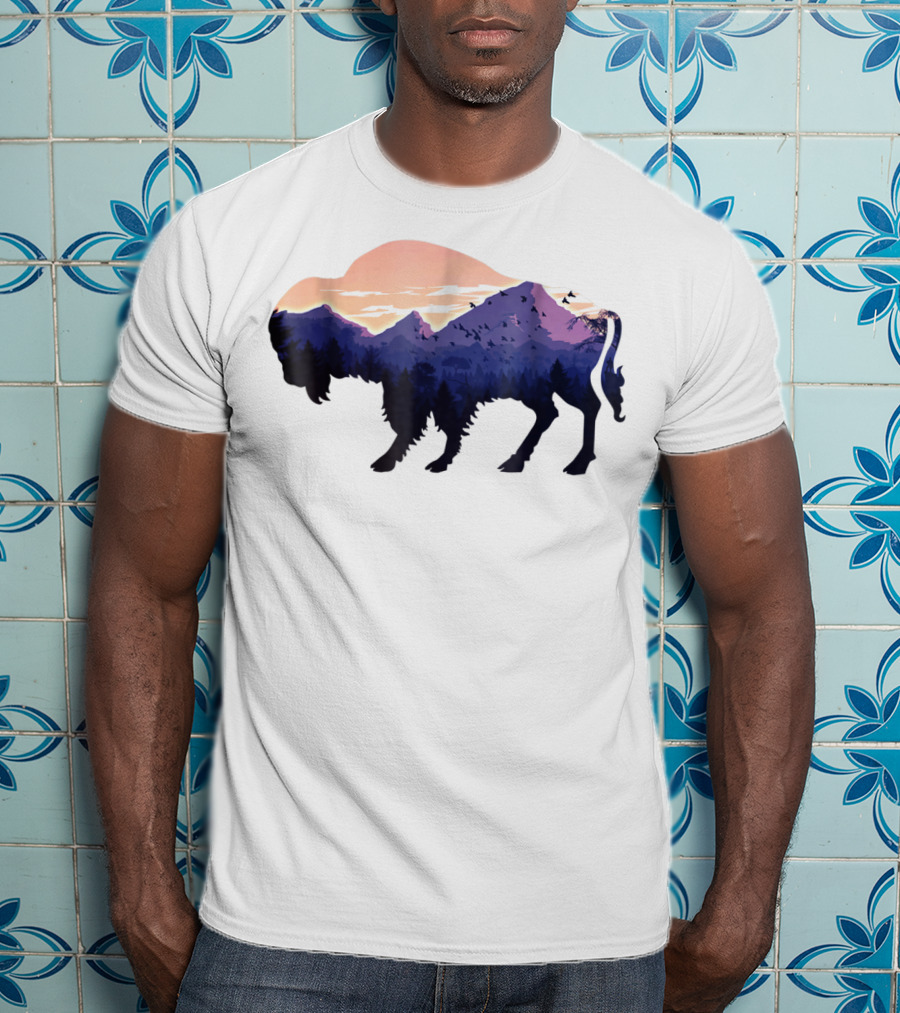 Bison Silhouette With Mountain And Forest Scene T-Shirt