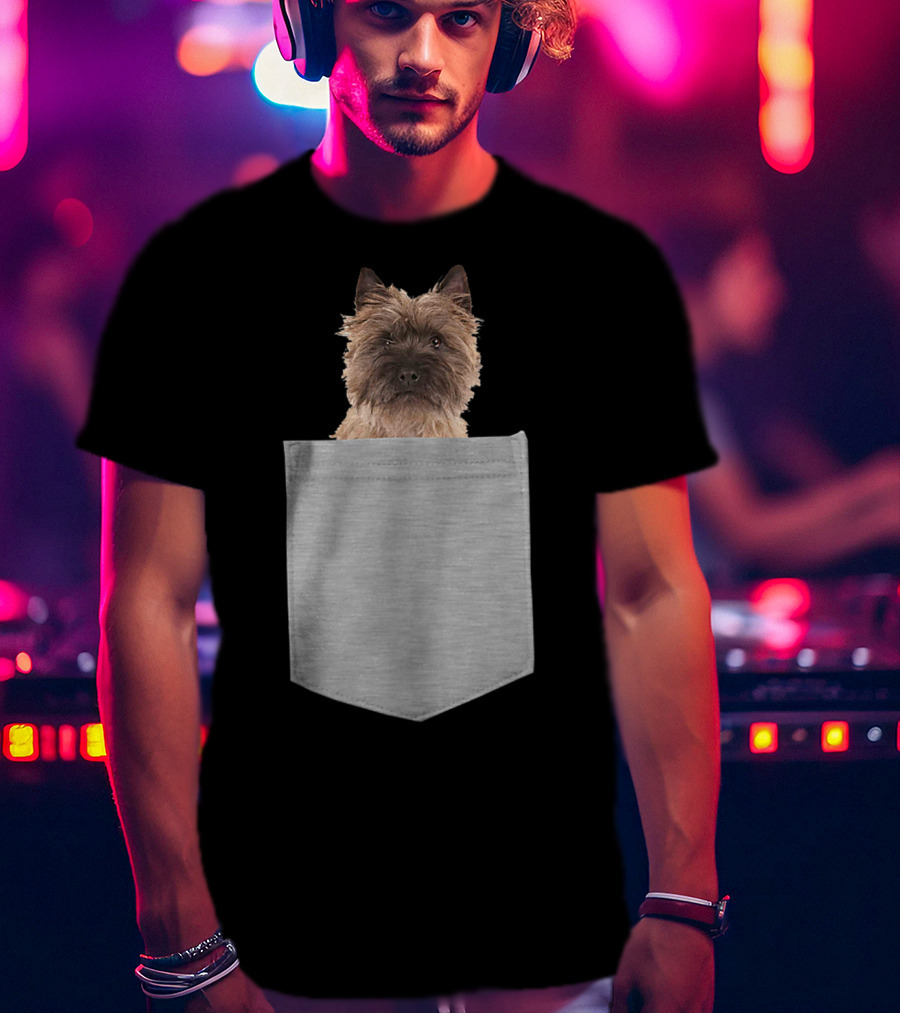 Cairn Terrier Pup Peeking From Pocket T-Shirt