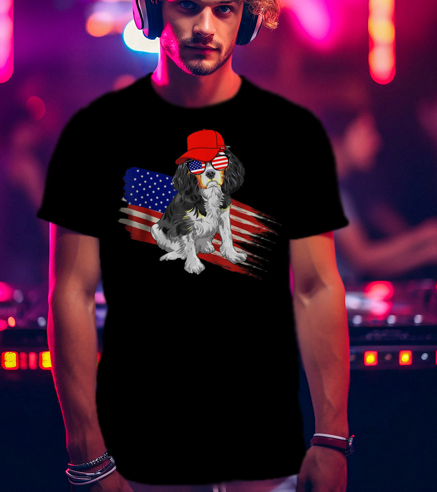 Cavalier King Charles Spaniel USA Flag Hat Sunglasses Patriotic Fourth Of July T-Shirt