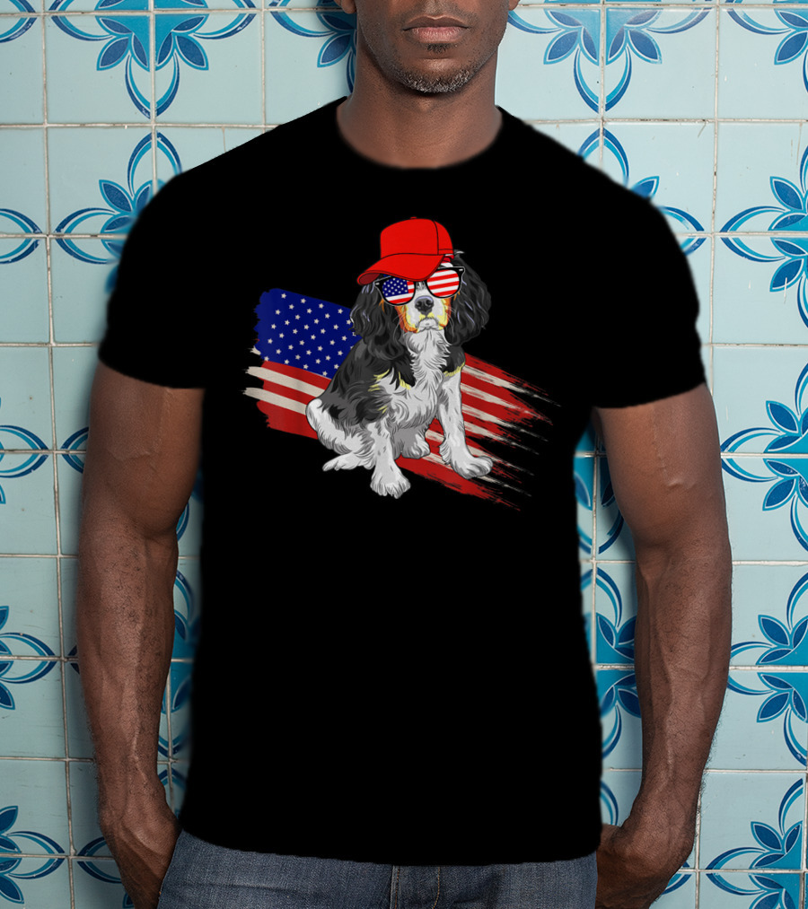 Cavalier King Charles Spaniel USA Flag Hat Sunglasses Patriotic Fourth Of July T-Shirt