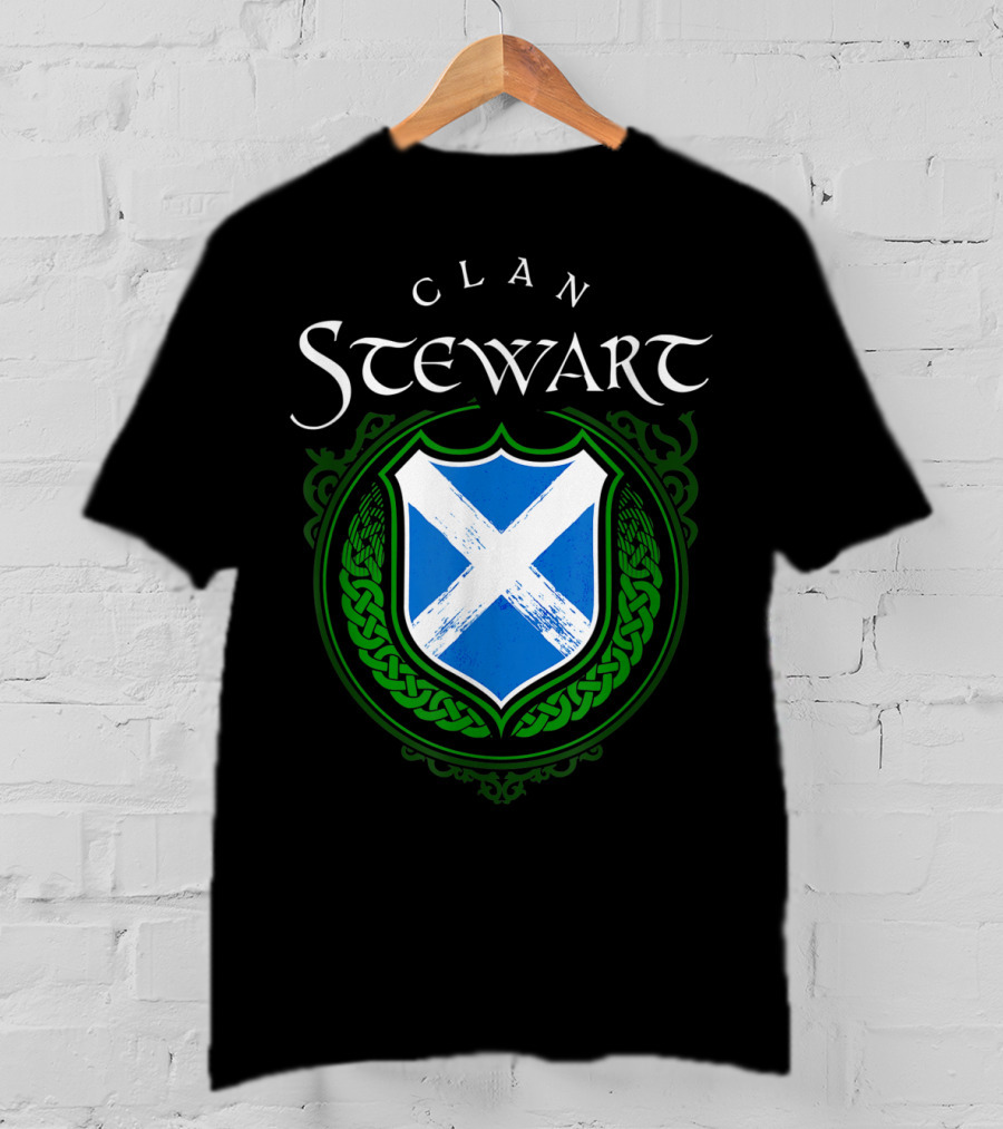 Clan Stewart Scottish Shield Scotland Flag And Green Celtic Knotwork T-Shirt