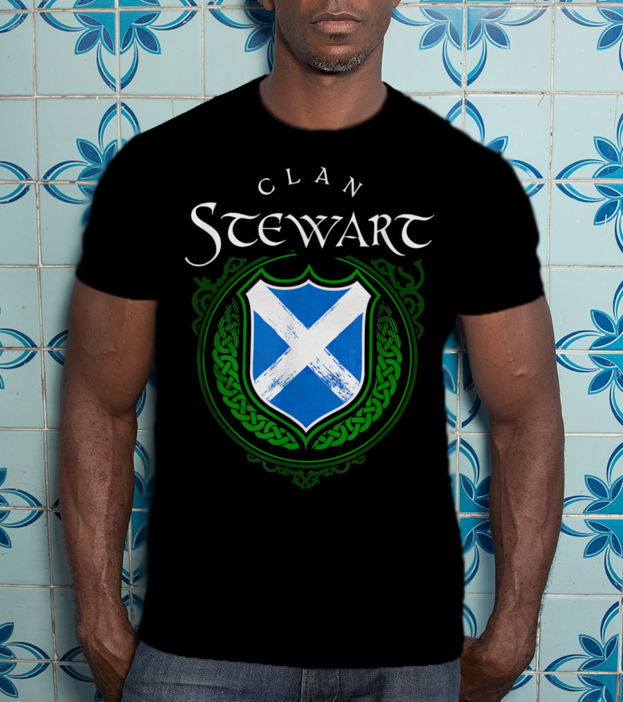 Clan Stewart Scottish Shield Scotland Flag And Green Celtic Knotwork T-Shirt