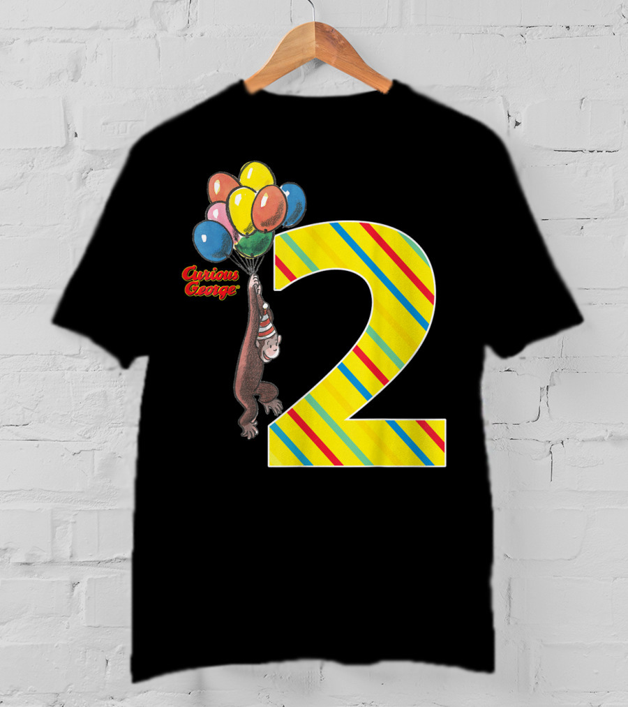Curious George Holding Balloons Next To Colorful Striped Number 2 For Second Birthday T-Shirt