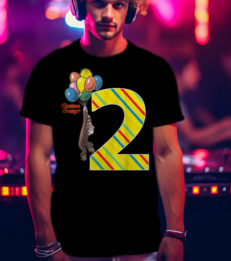 Curious George Holding Balloons Next To Colorful Striped Number 2 For Second Birthday T-Shirt