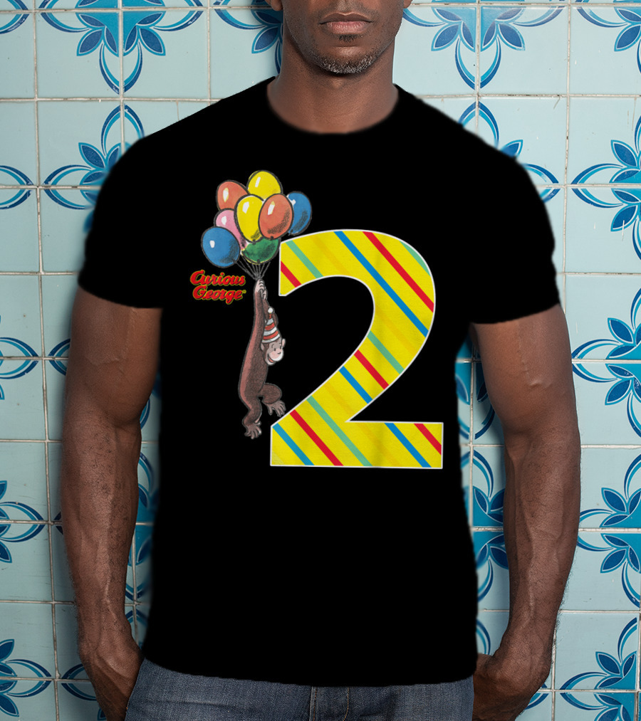 Curious George Holding Balloons Next To Colorful Striped Number 2 For Second Birthday T-Shirt
