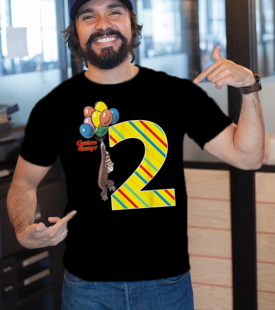 Curious George Holding Balloons Next To Colorful Striped Number 2 For Second Birthday T-Shirt