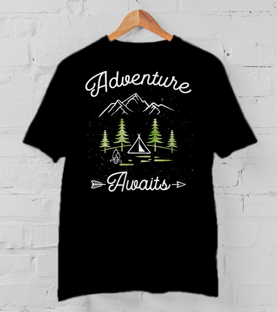 Adventure Awaits Camping Hiking Outdoor Travel Mountains Trees Tent Campfire Arrow T-Shirt