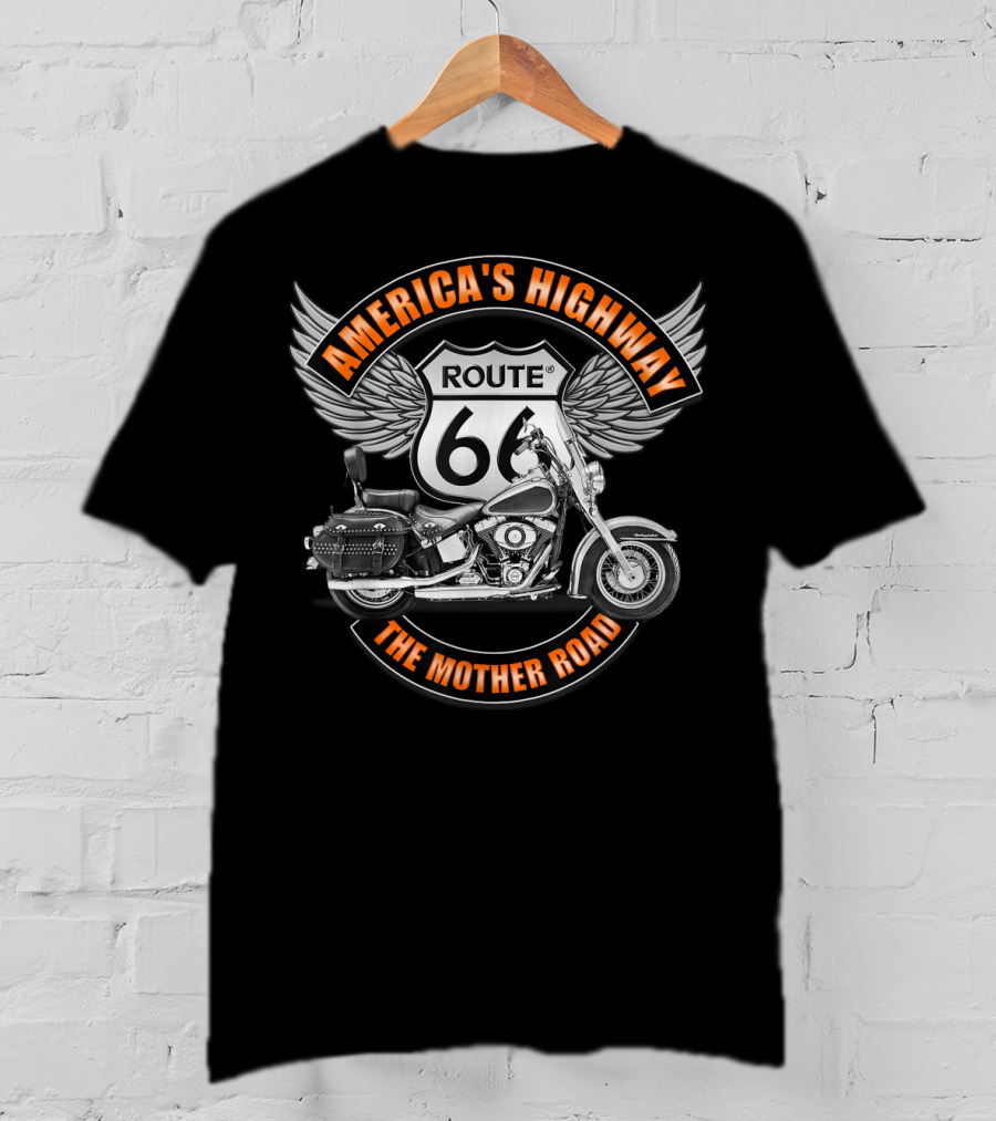 America's Highway Route 66 The Mother Road Motorcycle Wings T-Shirt
