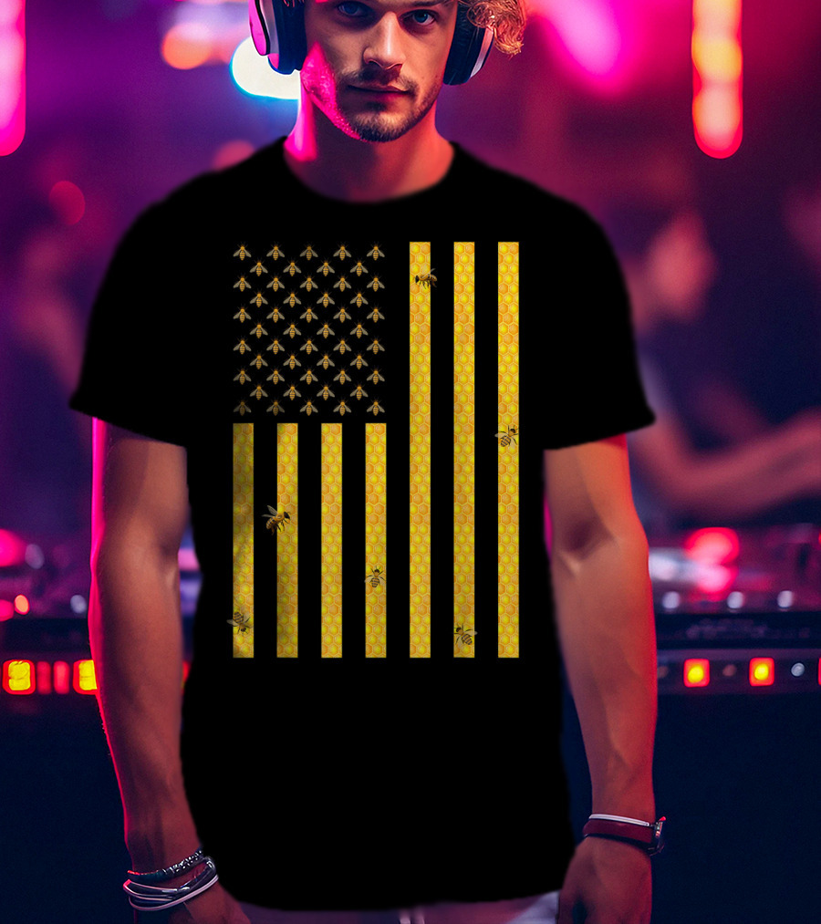 American Flag Honeycomb Honey Bee Beekeeping Beekeeper USA Patriotic T-Shirt